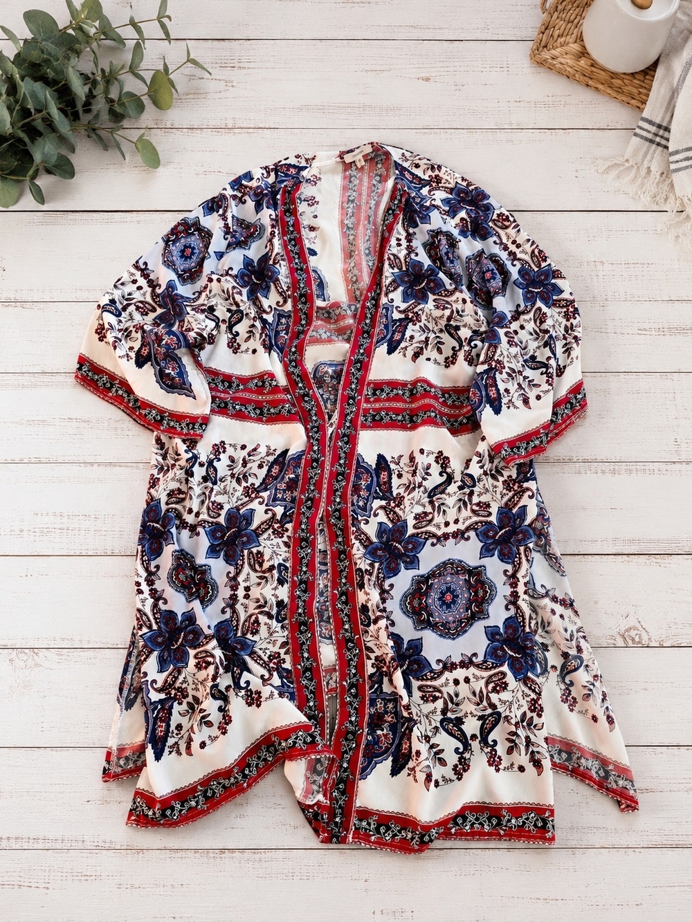 Maurices White Boho Kimono with Blue & Red Floral Print